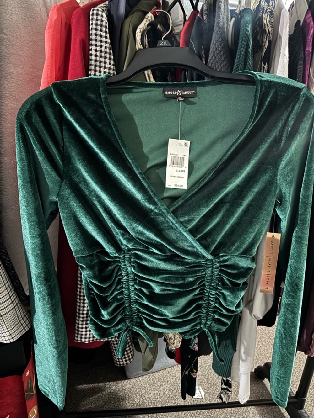 Almost Famous Dark Green Velvet Ruched Wrap Long Sleeve Top